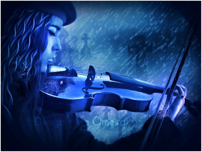 Woman Playing Violin — Blue, Dramatic, Night, Digital Art, Rain
