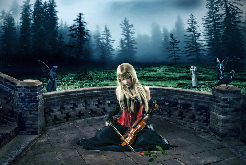 Woman Playing Violin — Blue, Dramatic, Night, Digital Art, Statue
