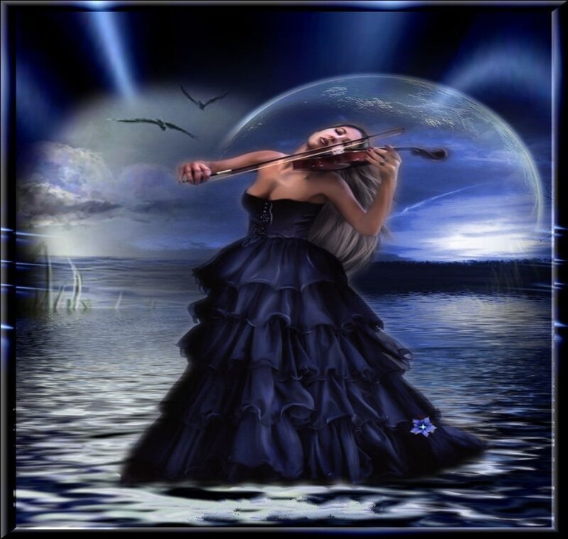 Woman Playing Violin — Blue, Dramatic, Night, Digital Art