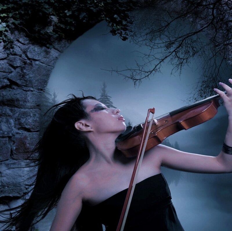 Woman Playing Violin — Blue, Dramatic, Night