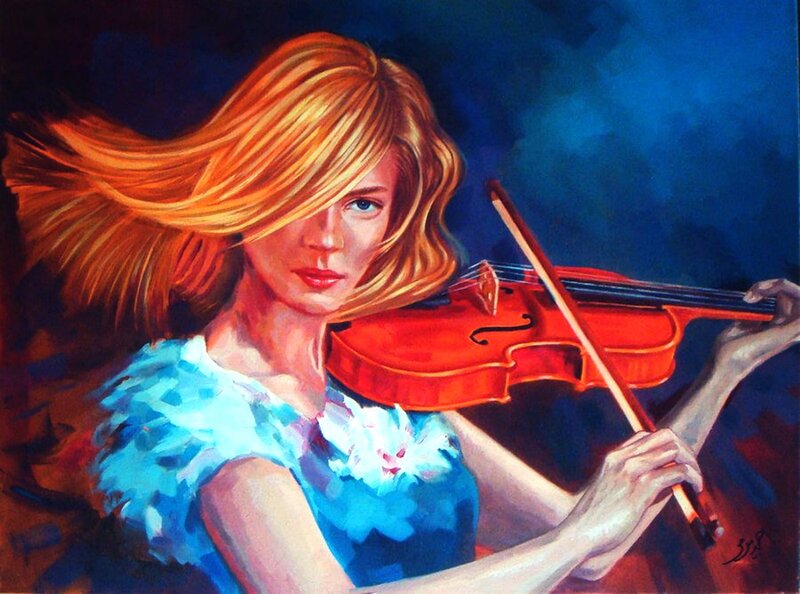 Woman Playing Violin — Blue, Dramatic, Painting, Bow