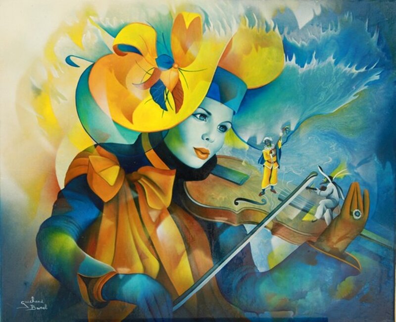Woman Playing Violin — Blue, Dramatic, Painting, Hat