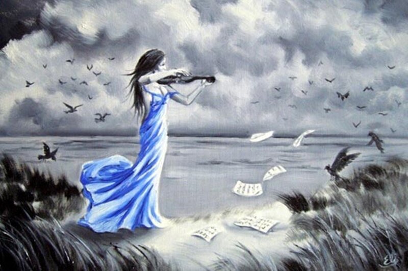 Woman Playing Violin — Blue, Dramatic, Painting