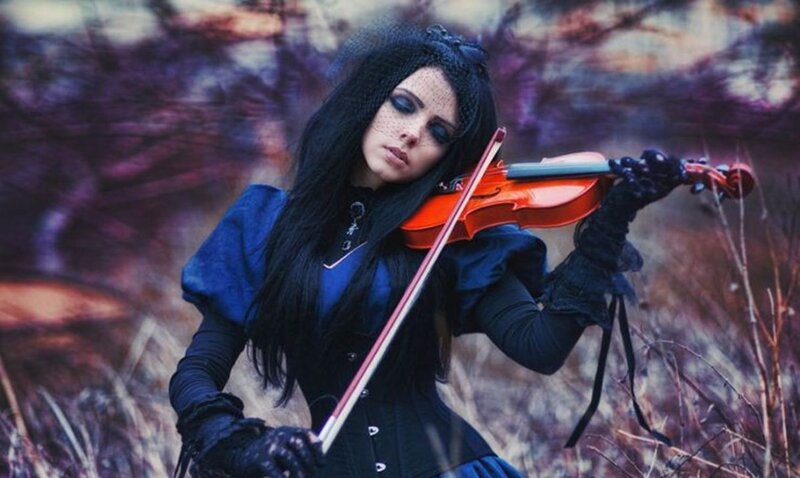 Woman Playing Violin — Blue, Dramatic, Photograph, Gloves
