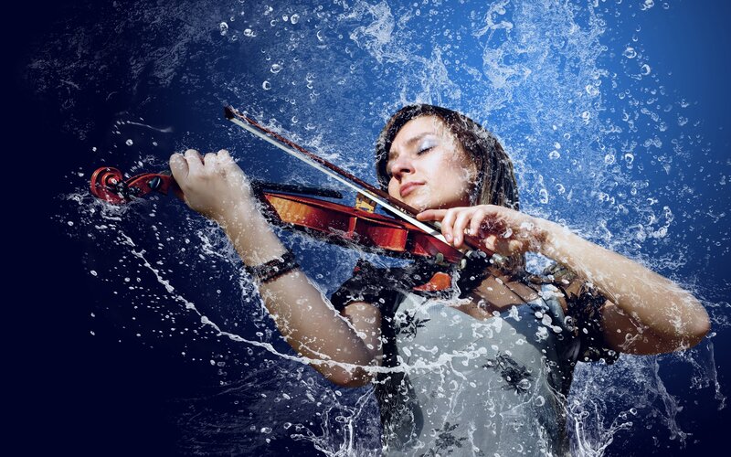 Woman Playing Violin — Blue, Dramatic, Photograph, Water, Splashes