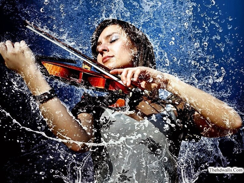 Woman Playing Violin — Blue, Dramatic, Photograph, Water
