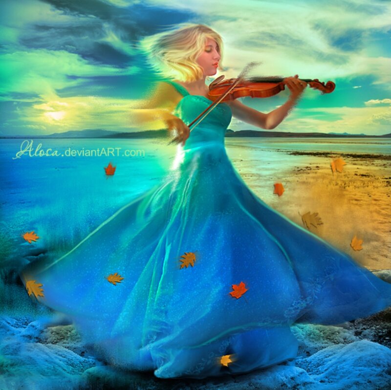 Woman Playing Violin — Blue, Dramatic, Sunset