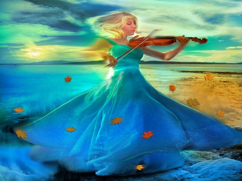 Woman Playing Violin — Blue, Dramatic