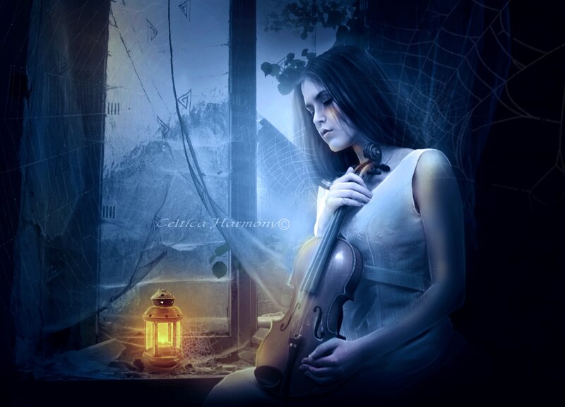 Woman Playing Violin — Blue, Melancholic