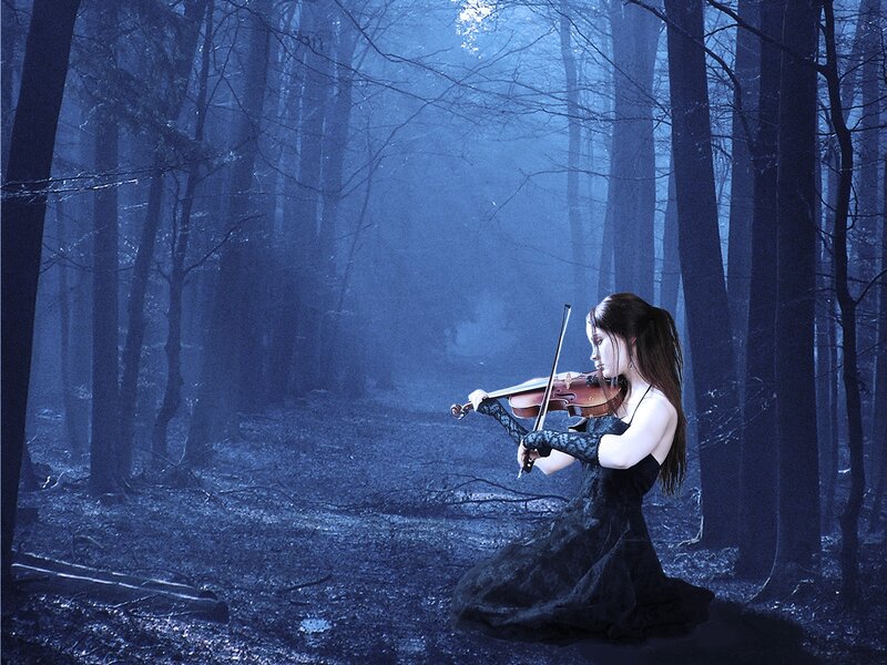 Woman Playing Violin — Blue, Mysterious, Night