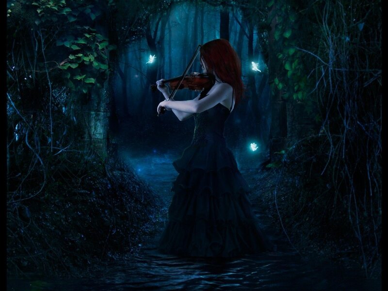 Woman Playing Violin — Blue, Mystical, Night