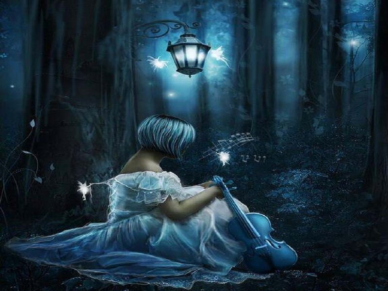 Woman Playing Violin — Blue, Mystical