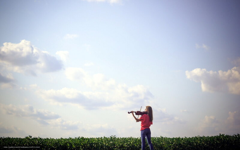 Woman Playing Violin — Blue, Serene, Afternoon, Photograph, Field