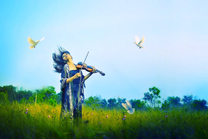 Woman Playing Violin — Blue, Serene, Afternoon, Photograph