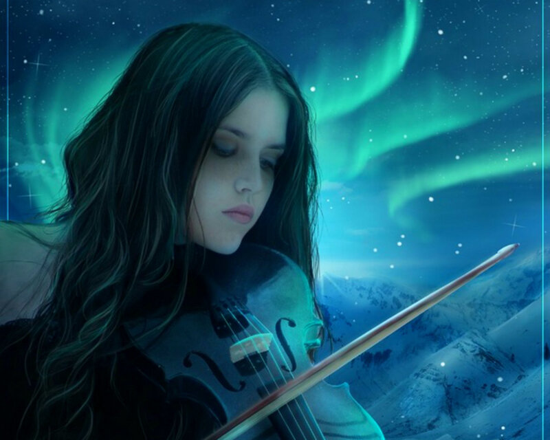 Woman Playing Violin — Blue, Serene, Night, Digital Art, Aurora Borealis