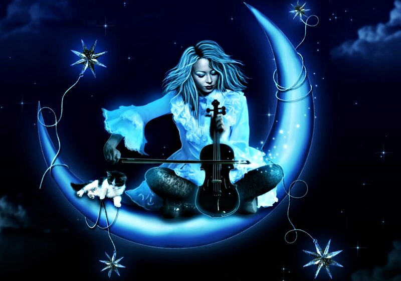 Woman Playing Violin — Blue, Serene, Night, Digital Art, Cat, Moon