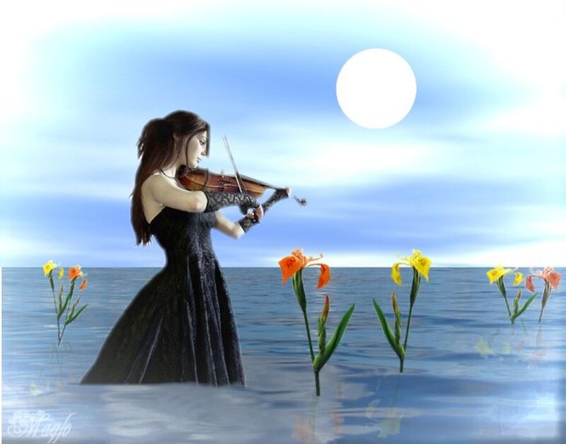 Woman Playing Violin — Blue, Serene, Night, Digital Art, Flowers