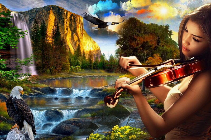 Woman Playing Violin — Blue, Serene, Sunset, Digital Art, Eagle