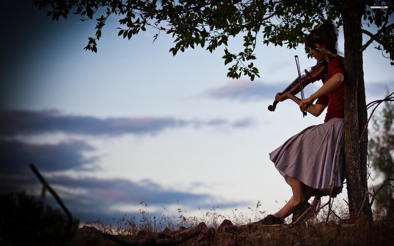 Woman Playing Violin — Blue, Serene, Sunset, Photograph, Tree, Skirt