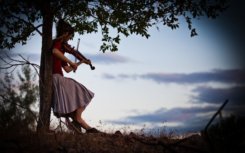 Woman Playing Violin — Blue, Serene, Sunset