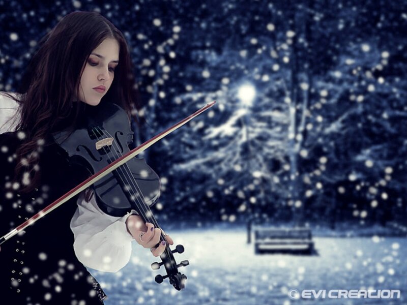 Woman Playing Violin — Blue, Serene, Winter