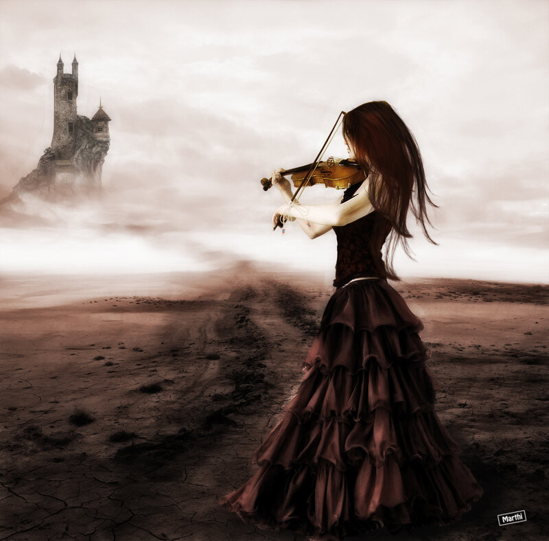 Woman Playing Violin — Brown, Dramatic, Digital Art, Castle