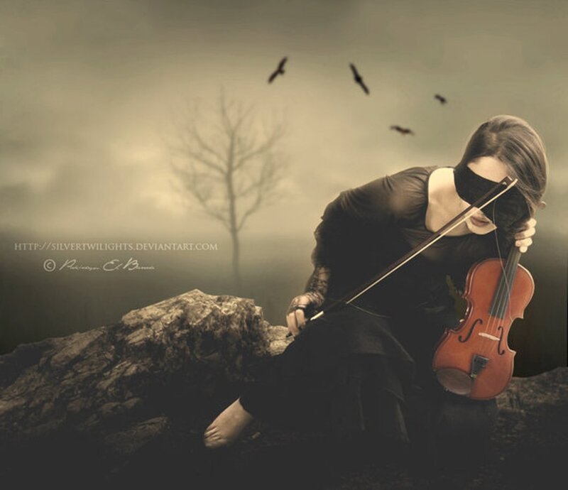 Woman Playing Violin — Brown, Dramatic, Digital Art, Crows