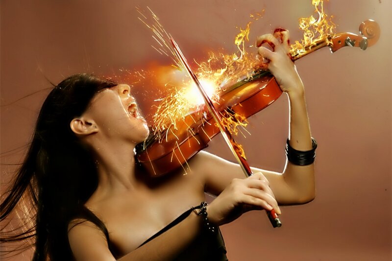 Woman Playing Violin — Brown, Dramatic, Digital Art, Fire