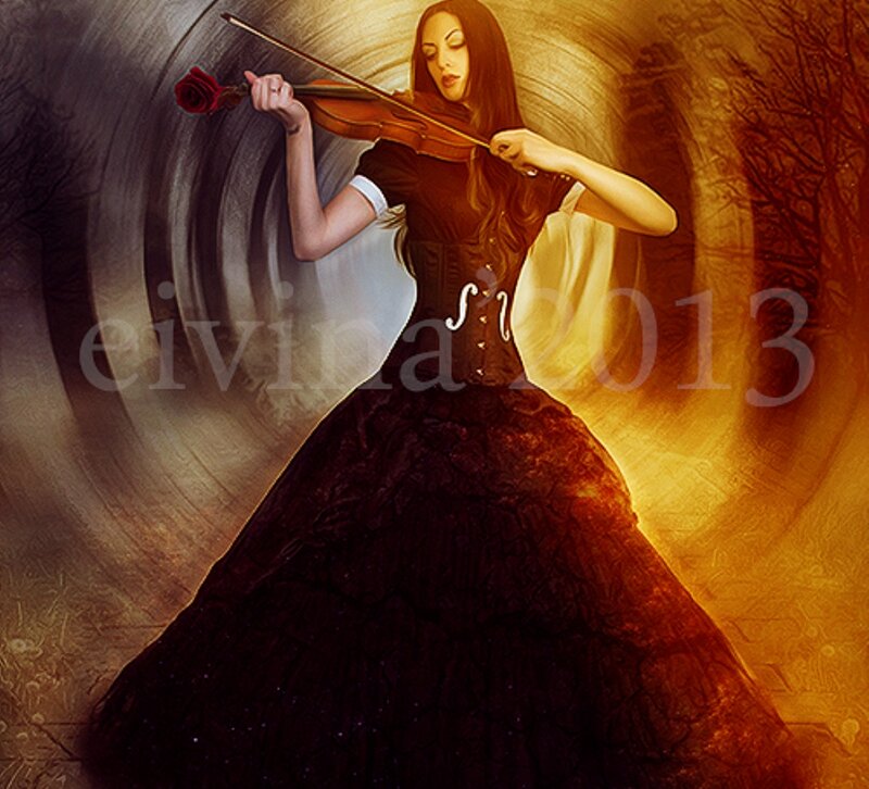Woman Playing Violin — Brown, Dramatic, Digital Art, Rose