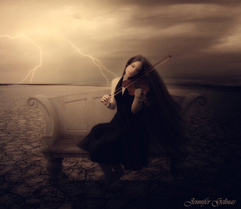 Woman Playing Violin — Brown, Dramatic, Night, Digital Art, Bench