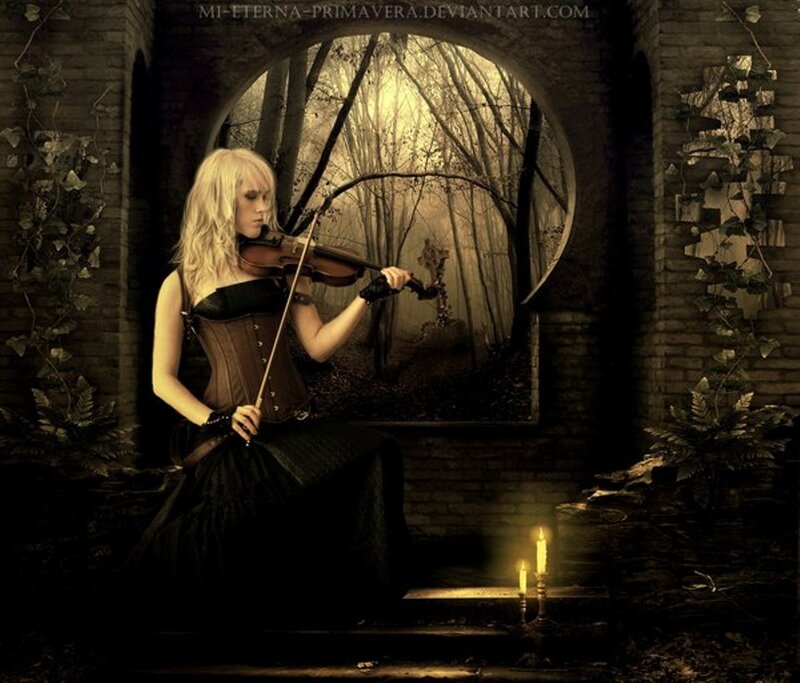 Woman Playing Violin — Brown, Dramatic, Night, Digital Art, Candles