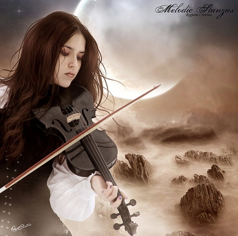 Woman Playing Violin — Brown, Dramatic, Night, Digital Art, Moon