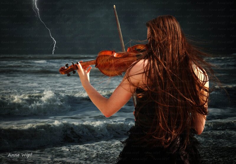 Woman Playing Violin — Brown, Dramatic, Night, Photograph, Lightning