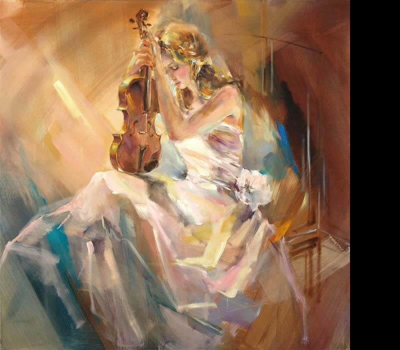 Woman Playing Violin — Brown, Dramatic, Painting