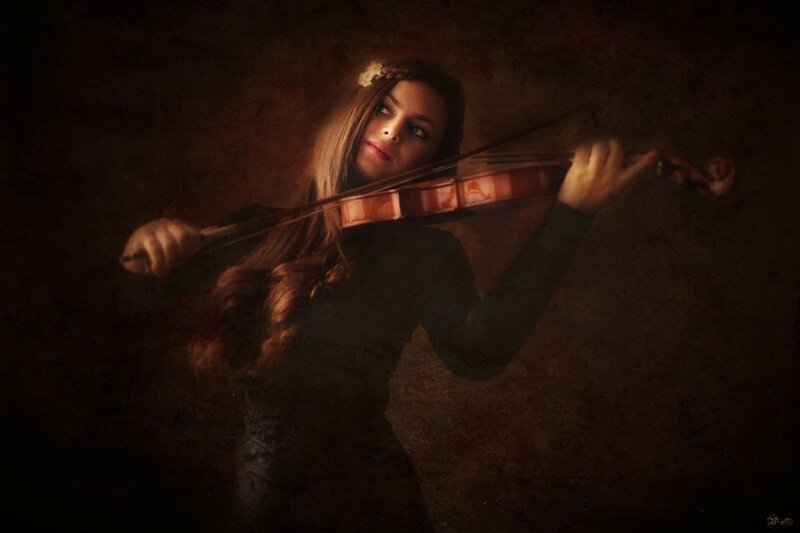 Woman Playing Violin — Brown, Dramatic, Photograph, Flower