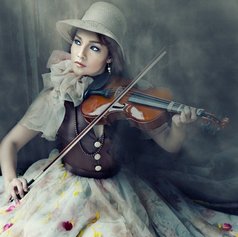 Woman Playing Violin — Brown, Dramatic, Photograph, Hat
