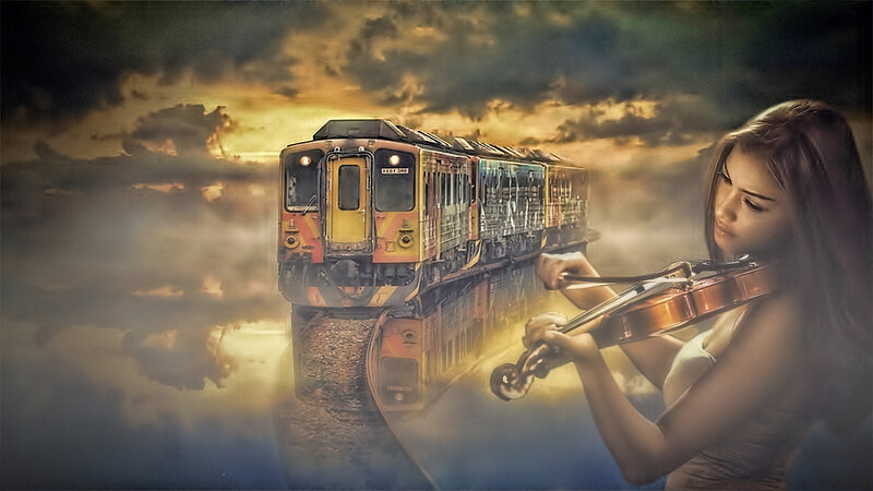 Woman Playing Violin — Brown, Dramatic, Sunset, Digital Art, Train