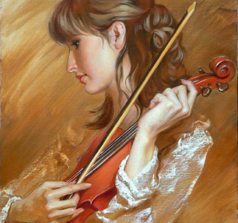 Woman Playing Violin — Brown, Focused, Painting