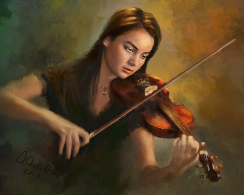 Woman Playing Violin — Brown, Focused