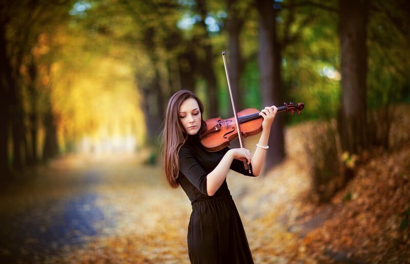 Woman Playing Violin — Brown, Serene, Autumn, Photograph, Forest Path