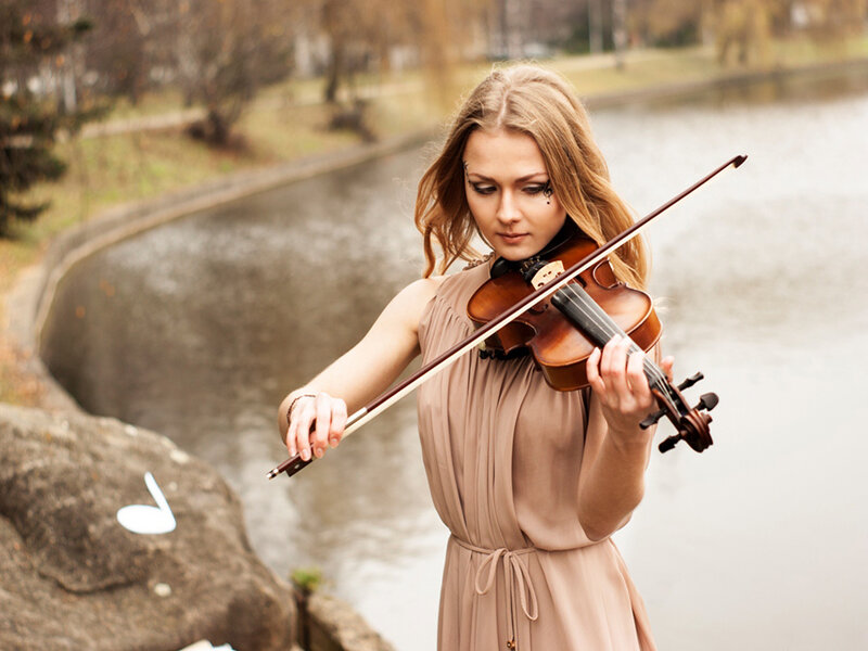 Woman Playing Violin — Brown, Serene, Autumn, Photograph