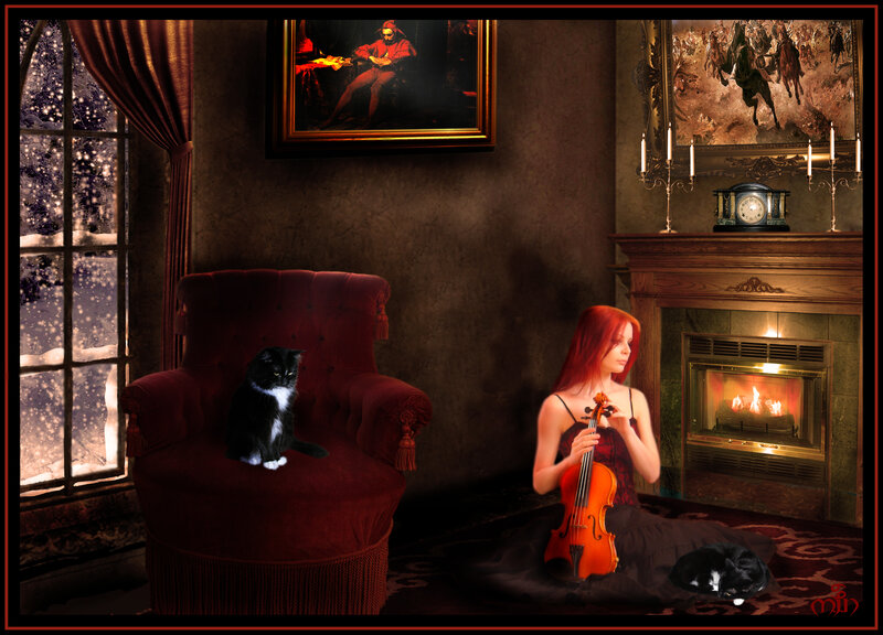 Woman playing violin by fireplace