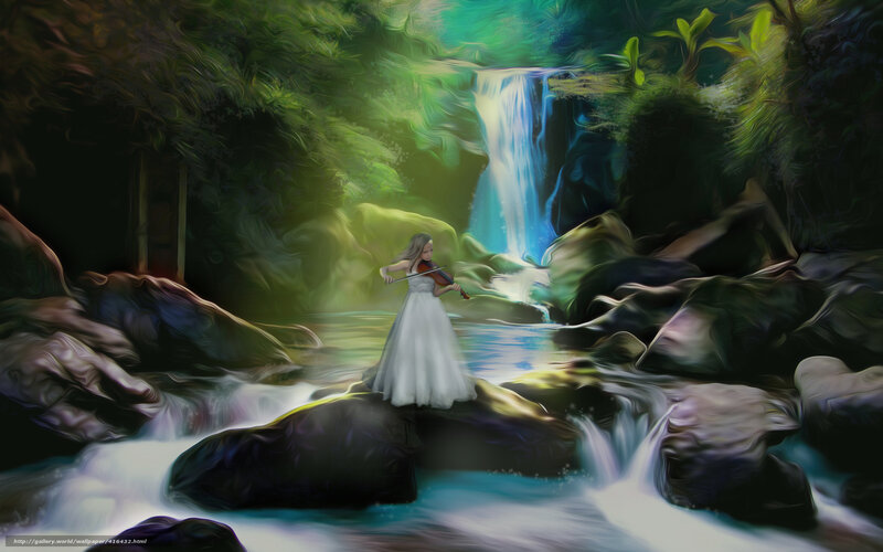Woman playing violin by waterfall