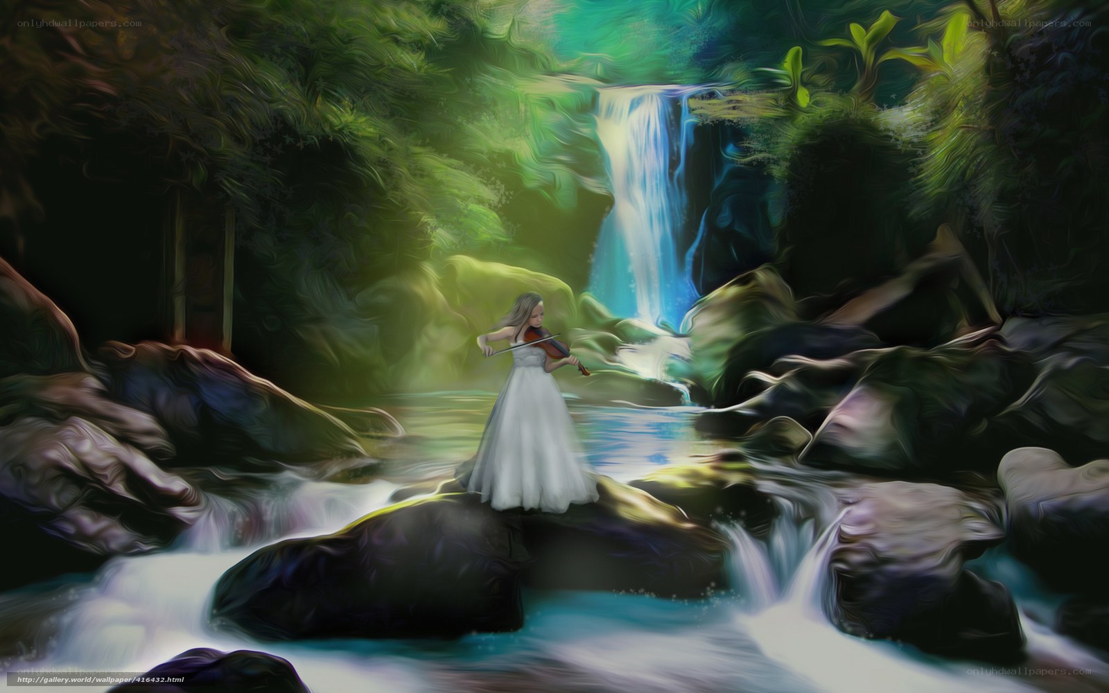 Woman playing violin by waterfall