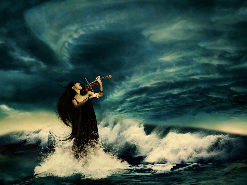 Woman Playing Violin — Dark Blue