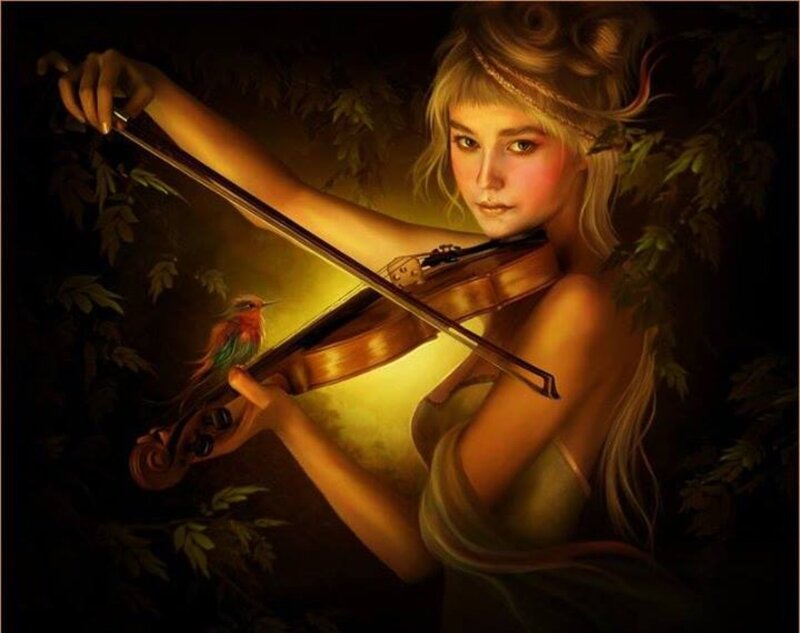 Woman Playing Violin — Gold, Dramatic, Night, Digital Art