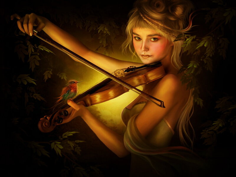 Woman Playing Violin — Gold, Dramatic, Night