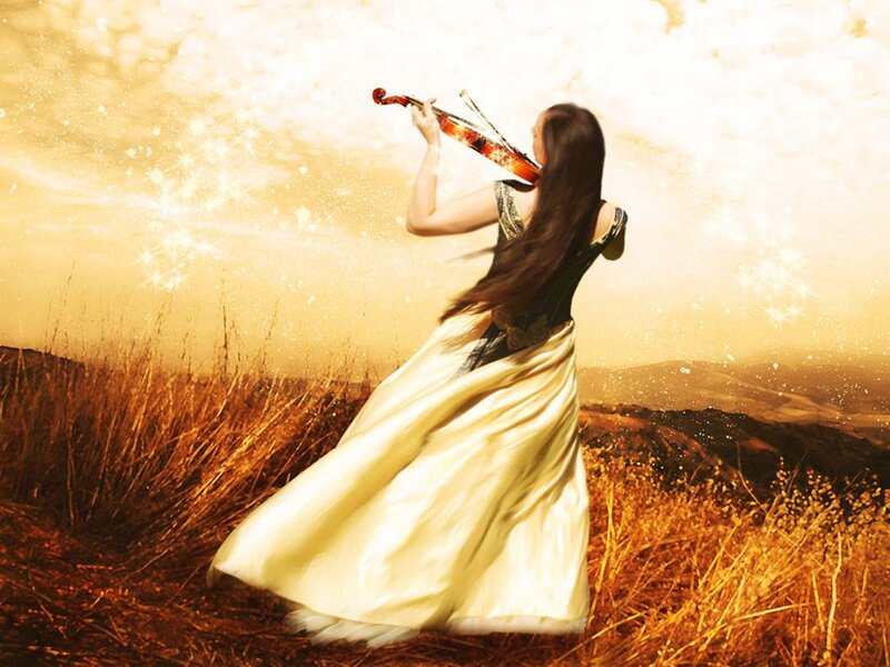 Woman Playing Violin — Gold, Dramatic, Sunset, Digital Art