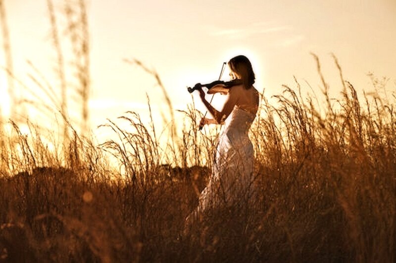 Woman Playing Violin — Gold, Serene, Sunset, Photograph