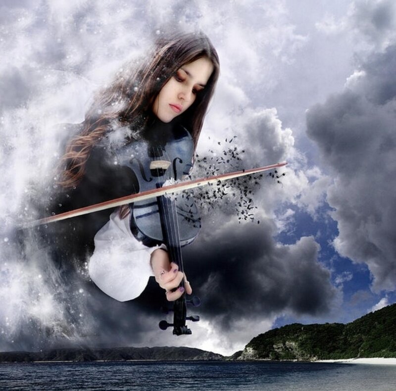 Woman Playing Violin — Gray, Dramatic, Digital Art, Clouds